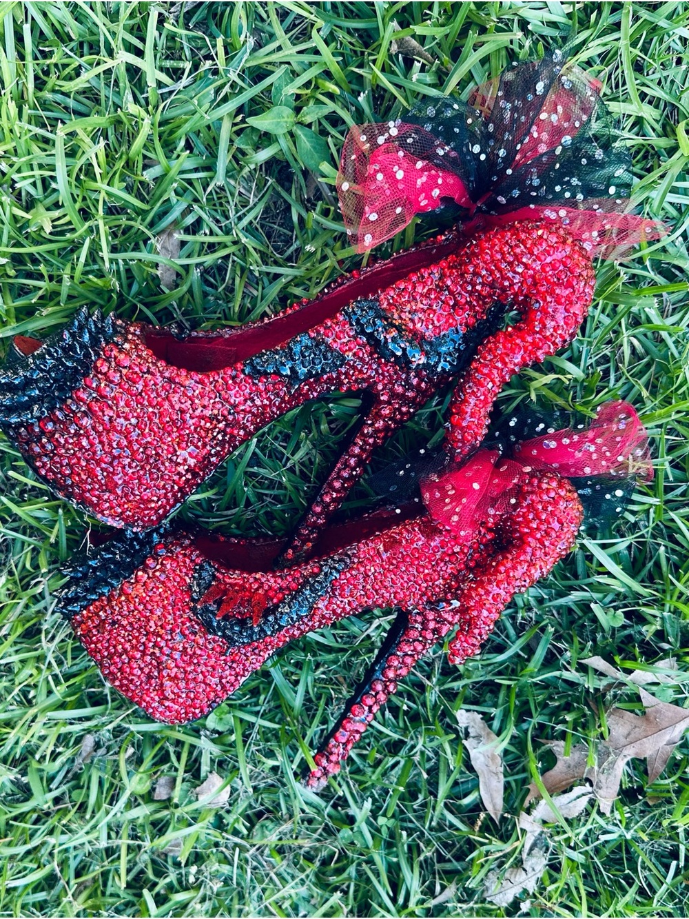Red Crystal Embellished devil themes High Heel with Black Accents and horns